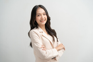 happy young asian woman smiling isolated on background.