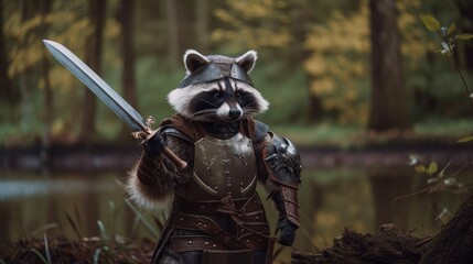 Raccoon Dressed Like a Middle Age Knight in Armor, Wielding Sword. Generative AI.