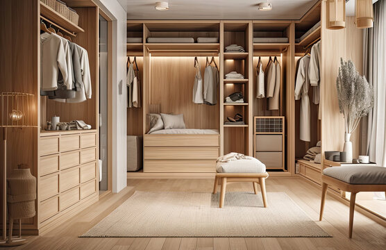 Interia design of Scandinavian, Nordic, minimal, and modern Japanese design, this walk-in closet room with natural wooden furniture is a true work of art, generative ai.