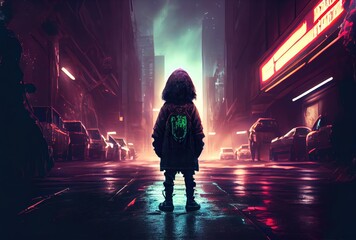 Fototapeta na wymiar Back view of lost child was standing in the middle of a street with hoodie costume in the cyberpunk dark city background. People and lifestyles concept. Digital art illustration. Generative AI