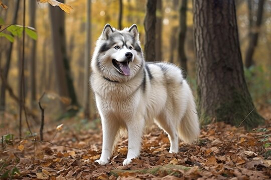 Alaskan Malamute appearing wolf like in the forest. Generative AI