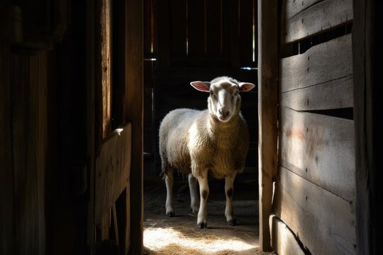 On June 2, 2018, a ewe gazed out of one of the barn doors at the significant historical landmark O'Keefe Ranch in Vernon, British Columbia, Canada. Generative AI
