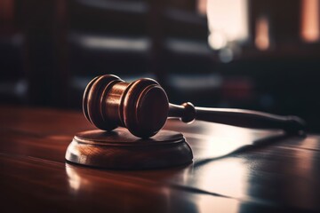 Obraz premium Judge gavel. Law and auction symbol on wooden table, dark lawyer office court background. Generative AI