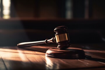 Naklejka na ściany i meble Judge gavel. Law and auction symbol on wooden table, dark lawyer office court background. Generative AI
