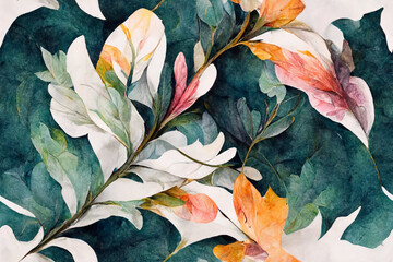 Seamless watercolor floral foliage pattern, continuous designed background, repeating wallpaper, generative ai