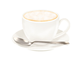 カプチーノもしくはカフェラテ(コーヒーカップ、ソーサー、スプーン)