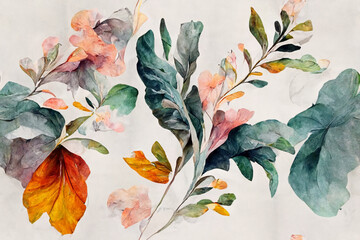 Seamless watercolor floral foliage pattern, continuous designed background, repeating wallpaper, generative ai