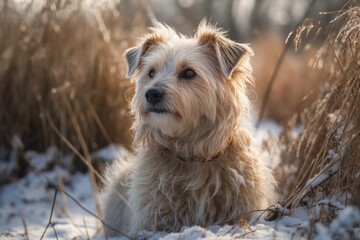Mestizo terrier dog with long hair in winter. Generative AI