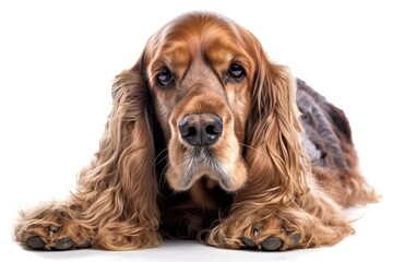 male American cocker spaniel Isolated against white background, a cocker spaniel show dog lays down. Generative AI
