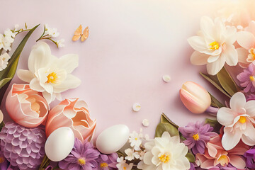 Fototapeta na wymiar Easter background with copy space. Eggs, flowers, pastel colors illustration top view generative AI, generative, ai