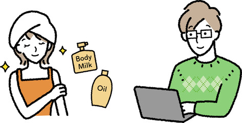 大人の趣味　ボディケアする女性　パソコンを操作する男性