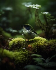 Adorable shamrock bird perched amidst lush moss in an enchanting forest, embodying serenity - Generative AI