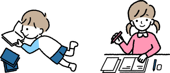 勉強する女の子　本を読む男の子