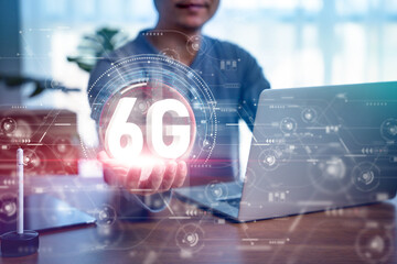 Businessman hand holds Virtual Reality screen. Future technology 6G network wireless systems and internet of things. Wifi and Smart city communication networks on smartphones, Global wireless devices