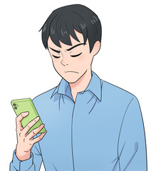 スマホ片手に思案する男性
