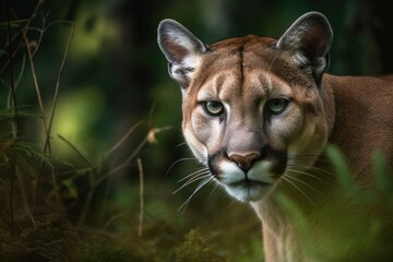 Gorgeous Puma in wildlife portrait. Mountain lion, puma, panther, and cougar. Dangerous Posing in a hunting stance amid a lush woodland. Generative AI