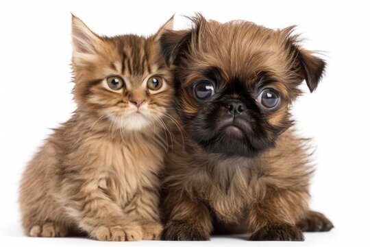 The Brussels Griffon puppy cuddles the little tabby fold cat. Isolated against a white backdrop. Generative AI