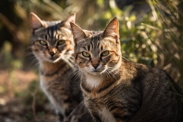 With a serious expression, two separate gorgeous cats play on a grassy path in the middle of the summer sun. Generative AI