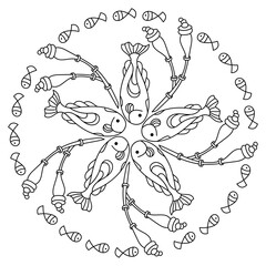 Sea mandala Underwater coloring book for children and adult . Coloring page. Anti stress Monochrome Vector illustration.