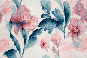 Seamless watercolor hand painted floral pattern designed in pink tones, repeating wallpaper, continuous background, generative ai