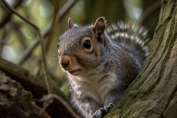 Obraz premium Grey squirrel in a tree at a wildlife preserve, looking relaxed and satisfied. Before coming down for food, this young animal was patiently waiting for humans to pass by. Picture taken in Preston, UK