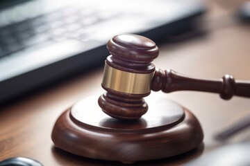 Law and cyber crime concept. Judge gavel and computer laptop on wooden table. Online legal documents. Generative AI