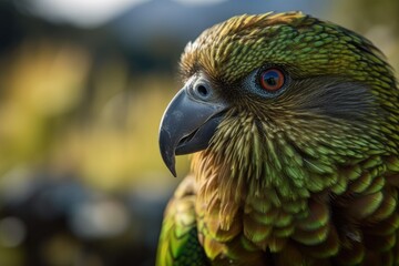 Kea, an endangered alpine parrot native to New Zealand, is depicted in this image with a powerfully bent beak. Generative AI