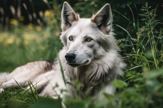 Wolf in the grass. A photograph of a white and grey dog. Generative AI