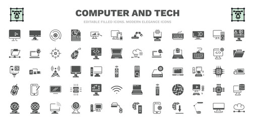 set of computer and tech filled icons. computer and tech glyph icons such as computer monitor, circular de, responsive de, pc with monitor, save file, pc tower, industrial, wireless connectivity,