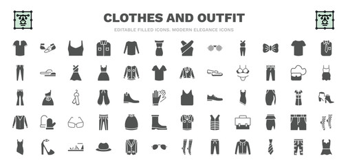 set of clothes and outfit filled icons. clothes and outfit glyph icons such as henley shirt, draped top, off the shoulder dress, cotton polo shirt, lingerine, jersey blazer, circle skirt, gladiator