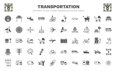 set of transportation filled icons. transportation glyph icons such as tram stop label, small helicopter, formula 1, air transport, school bus stop, workshop repair, diesel train, shift, ship wheel