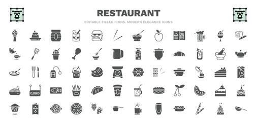 set of restaurant filled icons. restaurant glyph icons such as candy balls, mermelade jar, chopsticks, ice cream balls cup, bakery croissant, food box, mexican food, paella with parwns, strainer