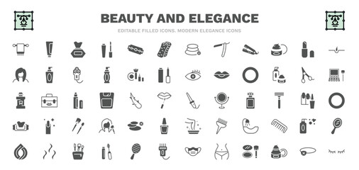 Naklejka na ściany i meble set of beauty and elegance filled icons. beauty and elegance glyph icons such as folded towel, wipes, bath sponge, inclined lipstick, 1642645100876100-28.eps,,,,,, curlers, three stones, little