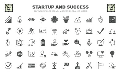 set of startup and success filled icons. startup and success glyph icons such as career ladder, strategic vision, overcome, idea magnet, startup head, care, rivalry, accept, coffee break vector.