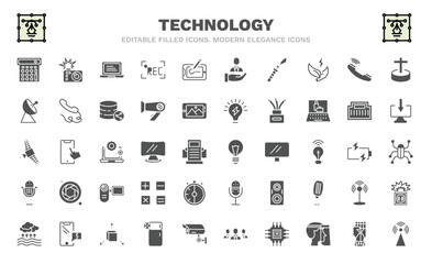 set of technology filled icons. technology glyph icons such as basic calculator, laptop frontal monitor, electronic cigarette, satellite station, satellite in orbit, big light bulb, big microphone, - obrazy, fototapety, plakaty