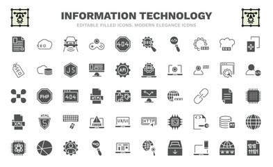 set of information technology filled icons. information technology glyph icons such as article, smart car, code review, seo tags, command, advertising bounce, xml, computing, binary file vector.