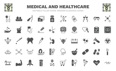 set of medical and healthcare filled icons. medical and healthcare glyph icons such as dentist tool, gallbladder, tag with a cross, acid falling on hand, caduceus, bladder, breath control, table of