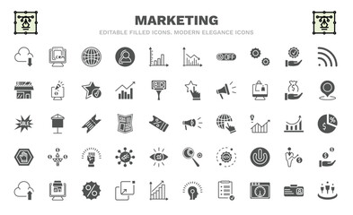 set of marketing filled icons. marketing glyph icons such as download from cloud, web graphic, off, shop, sale, campaign, ad blocker, upload to cloud, affiliate vector.