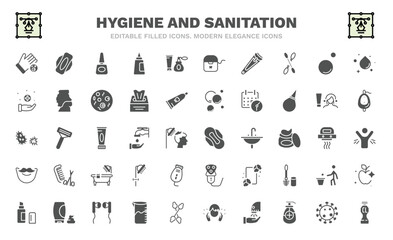 set of hygiene and sanitation filled icons. hygiene and sanitation glyph icons such as drying hands, varnish, nail clippers, sanitary, parasite, sanitary napkin, beardy, lip balm, chlorine vector. - obrazy, fototapety, plakaty