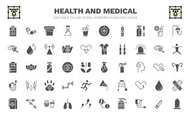 set of health and medical filled icons. health and medical glyph icons such as medical report, urine, punching bag, ophthalmology, result, poisonous, sphygmomanometer, book, condom vector.