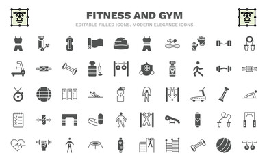 set of fitness and gym filled icons. fitness and gym glyph icons such as sport wear, hydratation, man swimming, rowing hine, training watch, skip rope, to do list, fitness heart, gymnastic rings
