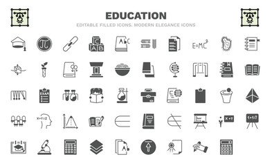set of education filled icons. education glyph icons such as college graduation, binding, folded written paper, archimedes principle, 1642647123515100-79.eps,,,,"|,|",, florence flask, 3d de, math