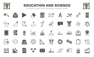 set of education and science filled icons. education and science glyph icons such as research with books, right triangle, draw with compass, cardiology tool, tactile tablet, having an idea, new