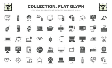 set of collection. flat glyph filled icons. collection. flat glyph glyph icons such as develope, round webcam, internet server, computer mouse device, laptop computer screen, study lamp, computer