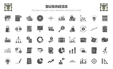set of business filled icons. business glyph icons such as graphic panel and man, bank card, finance, supermarket bag, director desk, business briefcase, graphic progression, round light bulb, maths