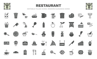set of restaurant filled icons. restaurant glyph icons such as open tin with spoon, tea, toasted bread, yogurt with spoon, frying pan from top, wide glass, kitchen fish, breakfast cup, french fries