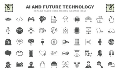 set of ai and future technology filled icons. ai and future technology glyph icons such as smart lens, gaming, chip, robots and humans, artificial atmosphere, train, speech bubble, humanoid, speech