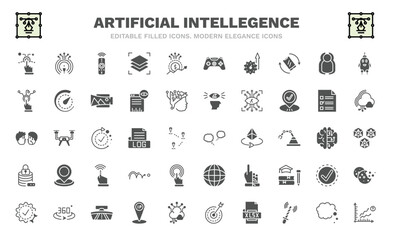 set of artificial intellegence filled icons. artificial intellegence glyph icons such as control, remote control, efficiency, interactivity, turing test, chat, data security, technical support,