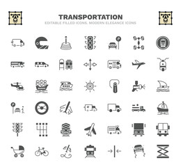 set of transportation filled icons. transportation glyph icons such as free transport, gearshift, car parking, planes, ship wheel, steering, sailing boat with veils, prison bus, flying airplane