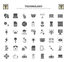 set of technology filled icons. technology glyph icons such as face shield, robotic hand, cell tower, scanner with cover, portable scanner, light bulb turned off, contact lens, digital pen, wireless
